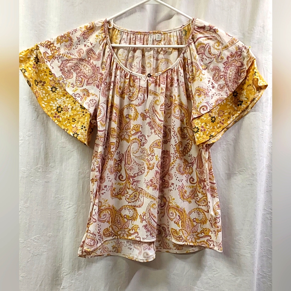 Cato Floral Paisley Mix-Print Flutter Sleeve Blouse in Yellow and Pink
